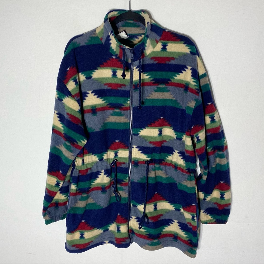 Vintage 90s R&R Sport Aztec Southwestern Print Fleece Jacket Drawstring Waist L